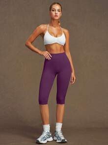 VVX Quần legging yoga capri nữ cạp cao, kiểm soát bụng, nhún mông nâng mông, không đường may, màu trơn, ôm chân, quần tập yoga thể thao cho gym và mặc hàng ngày - Màu tím - Xem 6