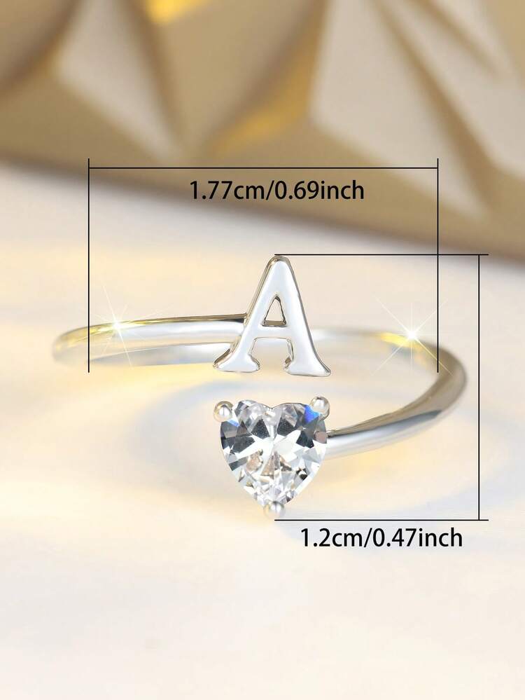 Tsnamer 1件復古立方鋯石心形字母戒指，包含26個字母(A-Z)，銅色復古風格開口戒圈，獨特紀念禮物 - 銀色 - 查看 2