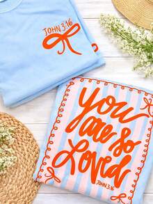 Coquette Bow Bible Verse Graphic Tee John 3:16 Christian Aesthetic Shirt Cute Women Preppy Striped Graphic Top Summer Outfits For Women - 淺藍色 - 查看 1