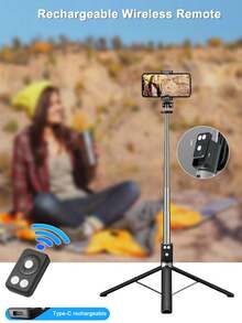 Palo de selfie con trípode, control remoto Bluetooth, luz LED de 3 colores, adecuado para grabación de video y vida, telescópico, rotación de 360°, anti-vibración, plegable y portátil, compatible con iPhone y Android, 170cm/66.9 pulgadas - A - Ver 3