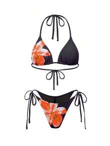 Bonvoyette Conjunto de 4 piezas para vacaciones de mujer: Top de bikini con estampado de cuello halter, Bottom de traje de baño, falda larga tipo sarong y cubre-todo - Negro 2 - Ver 4