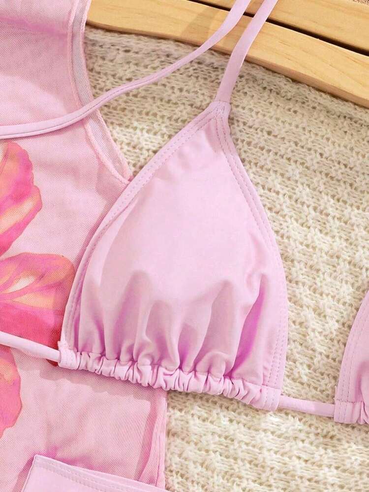 Conjunto de bikini de 3 piezas/set: Top halter casual y sexy con cubierta de malla floral transparente, Bottom de traje de baño con lazos laterales, tela con estiramiento moderado, adecuado para vacaciones, playa, actividades en la piscina, fiestas en la playa, vacaciones de verano - Multicolor 4 - Añade 8