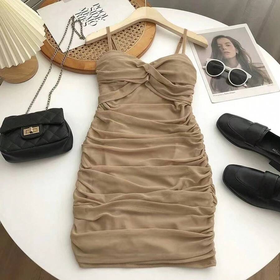 Vestido de moda para mujer con nudo cruzado y almohadillas en el pecho, falda corta, estilo coreano, cintura alta, sin... - Caqui - Ver 1
