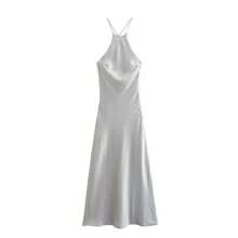 2025 nuevo vestido de verano para mujer, vestidos largos sin espalda con cuello Halter de satén liso, vestido de noche Vintage elegante y para mujer - Gris plateado - Ver 4