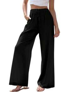 Women's Plus Size Loose Linen Trousers With Pockets And Adjustable Drawstring, Wide Leg. - 黑色 - 查看 12