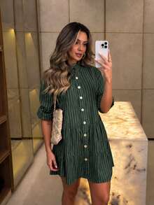 Midi Flared Shirt Dress With Mandarin Collar, High Button-Down Shirt, Linen Beach Cover-Up, Long Sleeves, Ruffled Hem, Striped, Size 13. - Dark Green - View 2