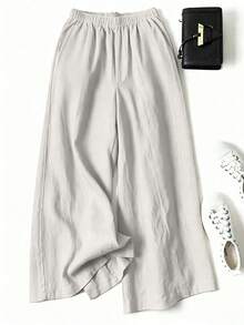 Pantalones anchos de primavera para mujer con bolsillo delantero decorativo de unicolor y casual - Albaricoque - Ver 2