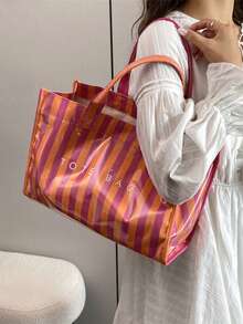 Fashionable College Style Large Capacity Tote Bag - Lightweight PVC And Kraft Paper Material, Hook And Loop Closure Design, Women's Fashion - Multicolor - View 5
