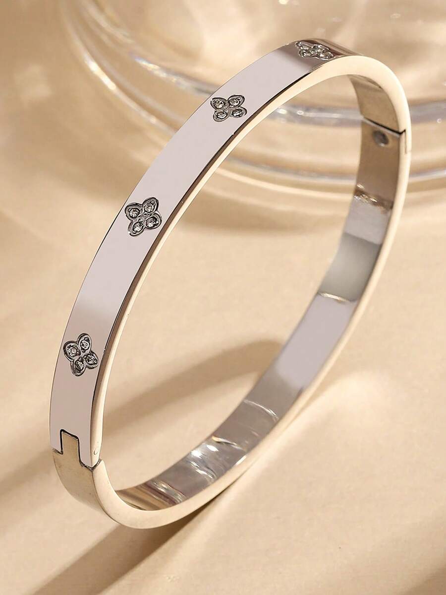 1pc Elegant Gold/Silver Cubic Zirconia Lucky Four-Leaf Clover Shaped Women's Bracelet Suitable For Women's Daily Wear - Silver - View 1