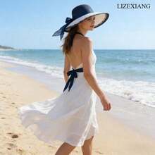 Stylish Straw Hat With Bowknot,Hats For Women,Beach Hats For Women,Elegant Women's Sun Hat, Beach Sun Protection Hat, UV Protection Hat - 藏蓝色 - 查看 8