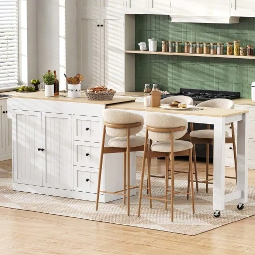 Kitchen Island On Wheels, Extendable Dining Area Kitchen Island With Spice Rack And Drawers, Mobile Freestanding Kitchen Island, Ideal For Kitchen And Dining Room (White) - White - View 1