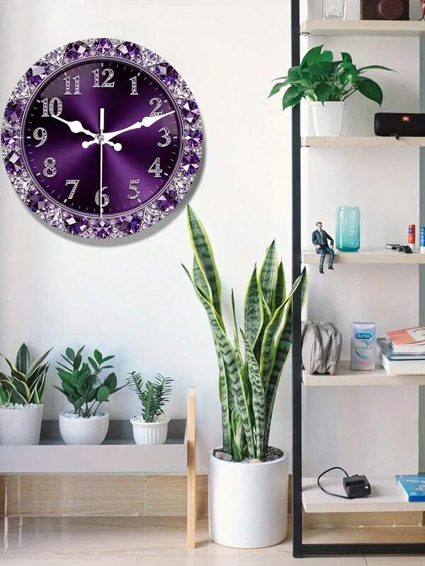 1pc Luxury Purple Crystal Diamond Floral Wall Clock | Silent Non-Ticking Battery Operated Round Modern Large Screen Wooden Clock Suitable For Living Room Bedroom Office Decor - Elegant Clock 2D Flat Design