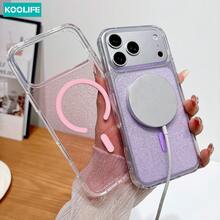 Koolife 1件装粉色闪光磁吸手机壳，二合一PC+TPU防震保护套，透明边框闪亮亮片，兼容MagSafe，适用于Apple 17/17pro/17promax/16/15 - 粉色 - 查看 5