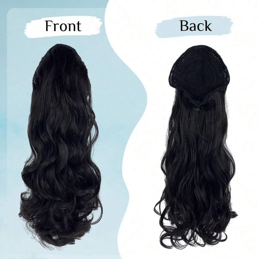 High Temperature Silk Big Wavy Ponytail Wig, Elastic Net Drawstring Hairnet Style Synthetic Curly Hair Ponytail - 1B# - View 1