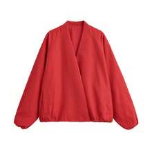 ZAHM Solid Color Fabric Ruched Decor Vacation Jacket - Red - View 9