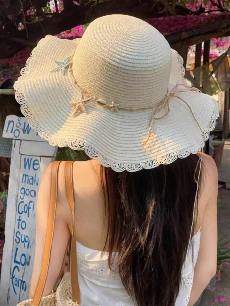 波希米亞風編織蝴蝶結裝飾海洋元素女款飾品,點綴海星與貝殼,休閒英法風,適合日常出遊、拍照、戶外海灘活動,透氣草帽遮陽帽,美感設計 - 海星 - 查看 1
