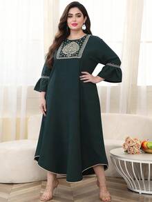2026夏季/秋季大碼女款深綠色優雅重工刺繡阿拉伯長裙 JALABIYA，3/4袖，休閒度假穿搭 - 墨綠色 - 查看 6