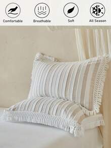 1pc Striped Cutout Tassel Decorative Pillow Case, Bohemian Style White & Khaki Throw Pillow Cover Suitable For Sofa, All Seasons, Home Decor, Soft & Breathable, Machine Washable, Great Gift, Pillow Insert Not Included - Khaki - View 2