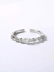 Nooxian 1 pieza Anillo ajustable con forma de corazón de cobre con circonita y strass - Plateado - Ver 5