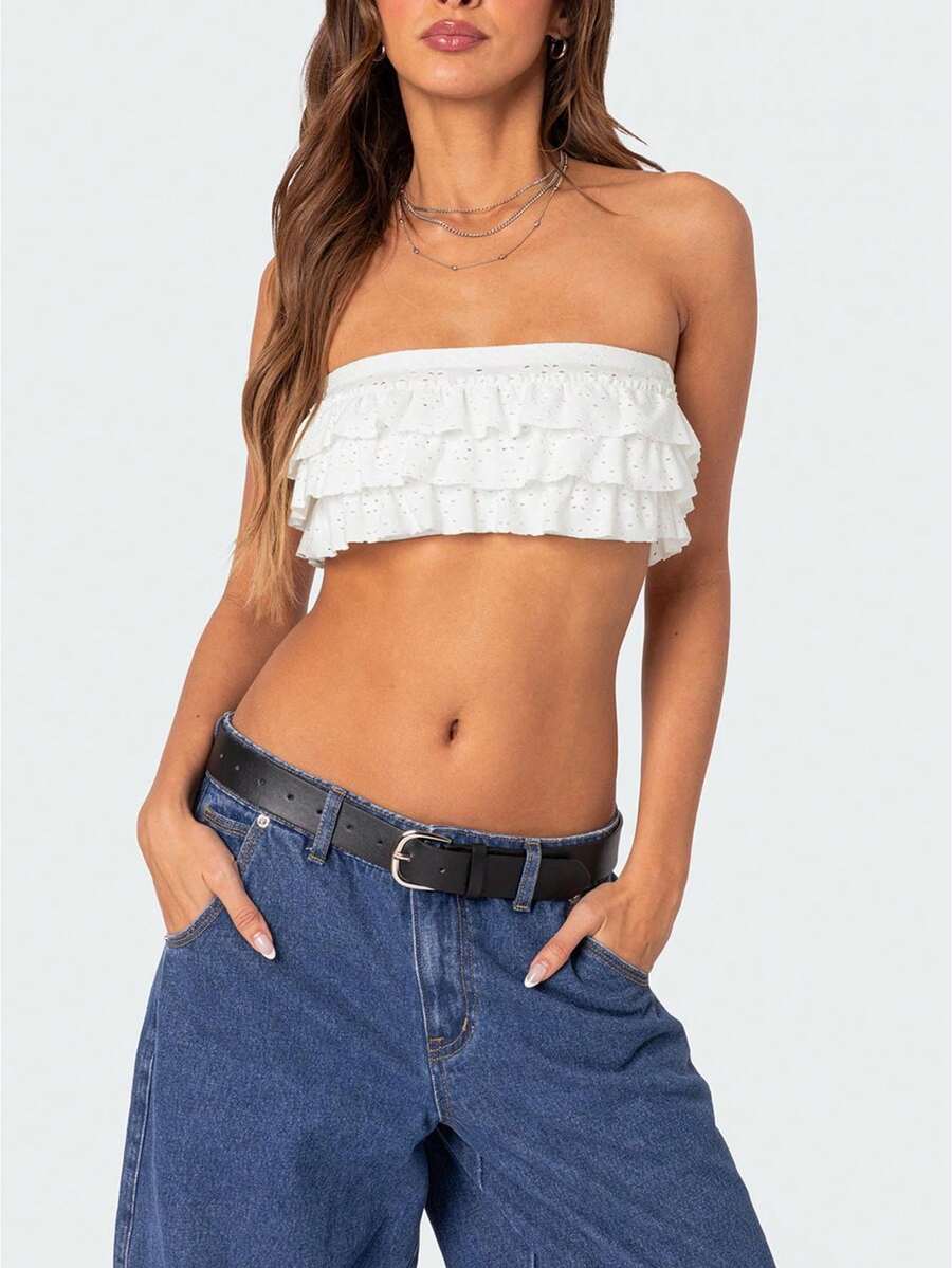 Women Cropped Tube Tops Sleeveless Off Shoulder Strapless Tiered Ruffle Trim Bandeau - White - View 1
