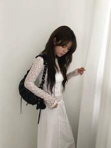 Japanese Style Colorful Lace Hollow Out Elastic Knit Long Sleeve T-Shirt Undershirt, Spring White - White - View 5