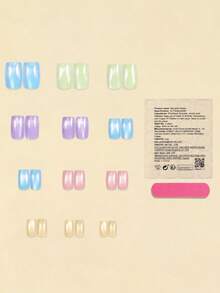 Press On Nails Medium-Long Round-Tip Nails Fake Nails Dreamy Rainbow Aurora False Nails Laser Glossy Full Cover Stick On Nail Reusable Artificial Glue On Nails For Women Manicure 24Pcs - Multicolor - View 4