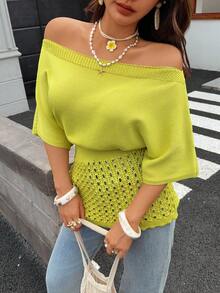 Blusa de punto de manga corta para mujer, top tipo pullover con hombros descubiertos, sexy, con cintura definida, efecto adelgazante y calados, estilo casual elegante de moda, para uso diario y atuendo de vacaciones de verano - Mostaza Amarilla - Ver 6