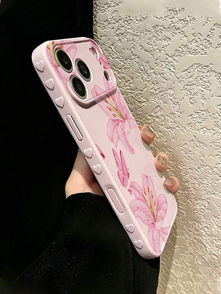 1pc New Fashionable Minimalist Pink Lily Flower & Butterfly Pattern Raised Heart Phone Case Compatible With Apple 17/17Pro/17ProMax/16/16Pro/16ProMax/16Plus/15/15Plus/15Pro/15ProMax/14/14Plus/14Pro/14ProMax/13/13Pro/13ProMax/12/12Pro/12ProMax/11/11ProMax/XR/XSMAX/7G/8plus And Galaxy A03S/A05/A10S/A12/A13/A14/A15/A35/A36/A20/A50/A55/A56/M05, Shockproof Protective Cover - Multicolor - View 3