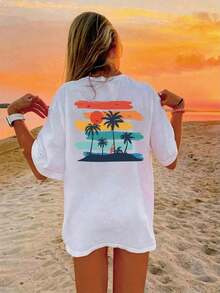 Casual White Cotton T-Shirt With Back Graphic, Matching For Couples, Soft And Comfortable For Beach And Outdoor Activities, Available In Sizes S To -Tee - White - View 2