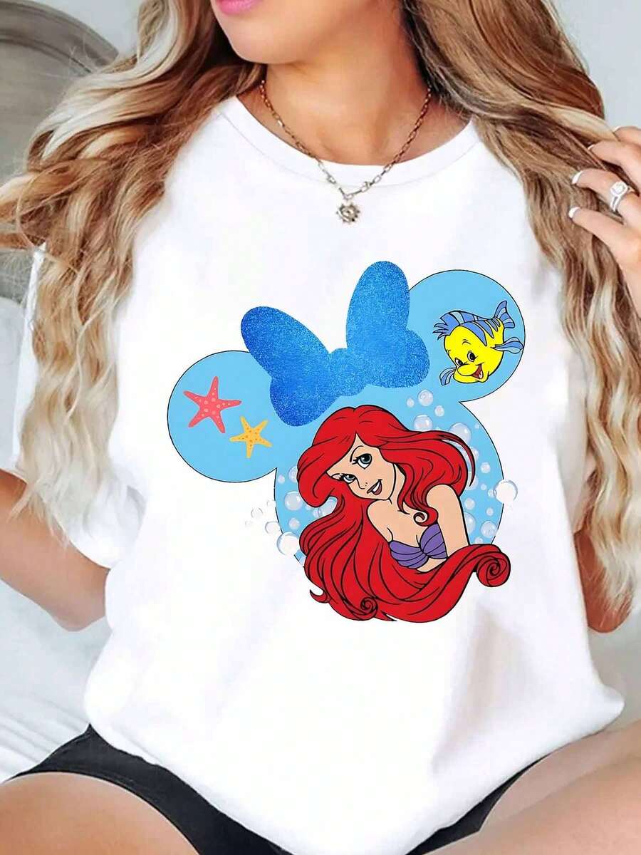 Ariel And Flounder In Mickey Mouse Shape Print Disney Women T Shirt Round Neck Short Sleeve Casual Summer Wear For Everyday And Theme Park Outfits Soft Comfortable 220g - trắng - Xem 1