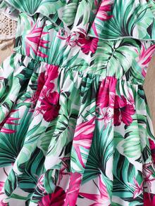 Tween Girl Summer Floral Printed Ruffle Hem Spaghetti Strap Casual Dress - Green - View 4