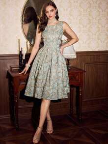 Vestido de mujer elegante y vintage con estampado floral de jacquard para fiestas, festivales y eventos elegantes. Vestidos largos elegantes para fiestas para mujeres en otoño, invierno, Navidad, Halloween y Año Nuevo. - Verde pastel 2 - Ver 5