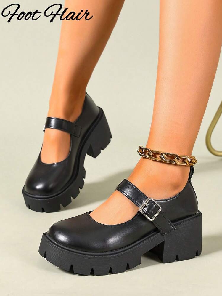 Foot Flair 女士玛丽珍厚底粗跟踝带高跟鞋 Y2K 哥特洛丽塔牛津鞋经典舒适校服正装鞋，尺码偏小一码 - 霧面黑色 - 查看 5
