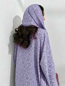 2pcs Set, Fashionable Minimalist, One Size, Matte Black Leopard Print, Women's Solid Color Middle Eastern Long Dress Set, Including Scarf, Elegant Open Front Robe - Mauve Purple - View 5