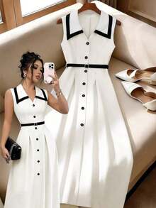 fsfvgsGlowEve Vestido midi ajustado con botones, cintura ceñida, estilo vintage elegante para mujer, color albaricoque/negro, tela de calidad, adecuado para primavera/verano y uso diariosbfb s YBL9 - Multicolor 2 - Ver 1