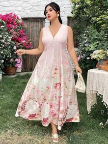 Vestido de verano romántico sin mangas con cuello en V profundo para mujer de talla - Multicolor - Ver 5