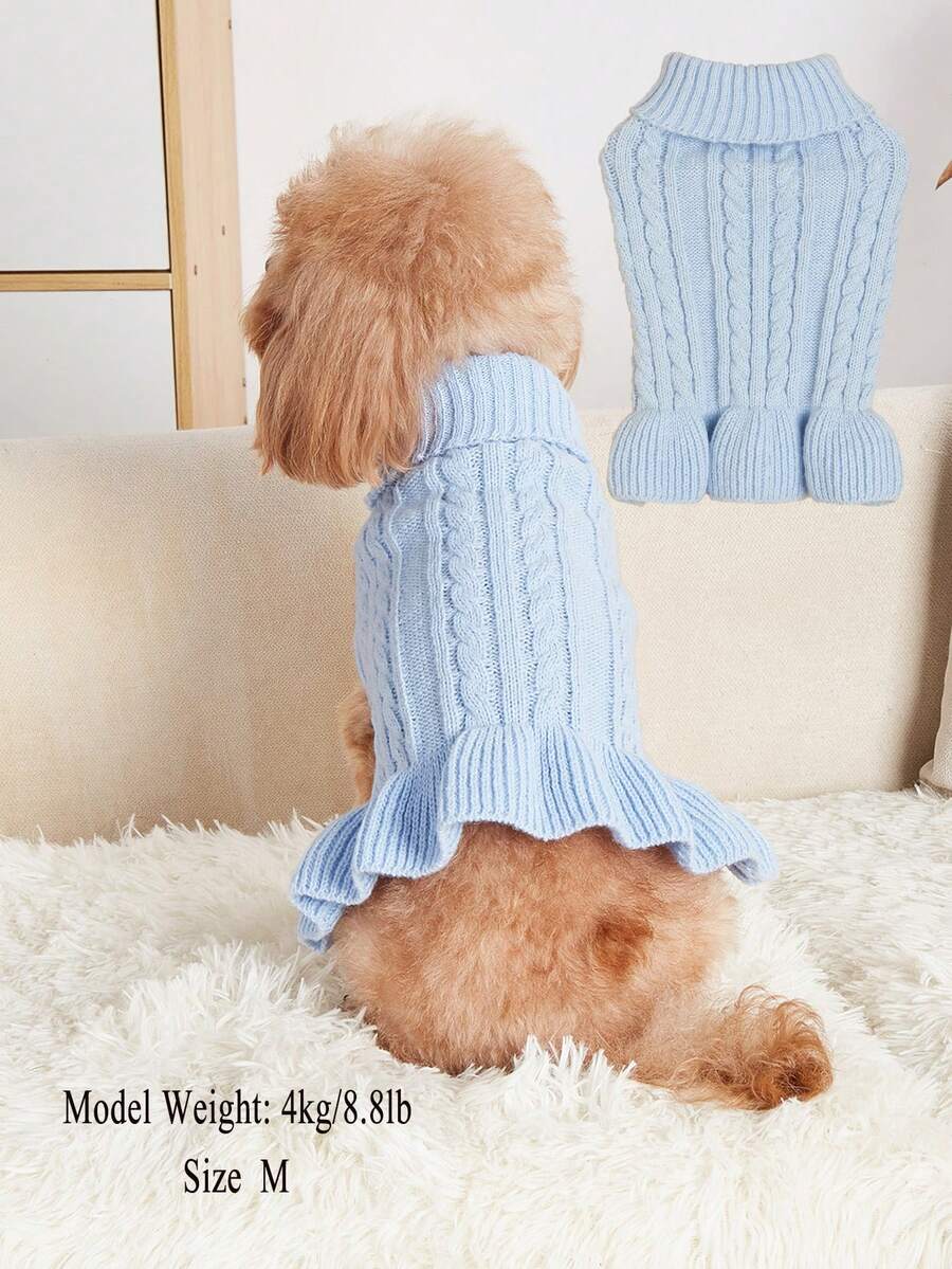 1pc Solid Color Pet Sweater, Dog Sweater Dress For Teddy, Poodle, Bichon Frise, Pomeranian, Schnauzer, Small Puppy - Blue - View 1