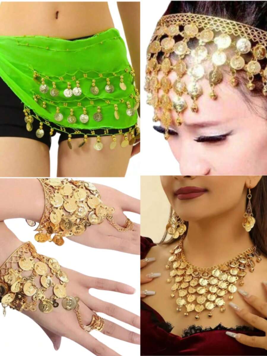 Tiara + Bracelet + Necklace And Scarf Set With Arabic Coins For Dance - Light Green - View 1