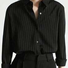 Fashion Women's Clothing Blusa casual de manga larga con botones delanteros y cuello, de corte holgado y con rayas, color negro, para mujer, primavera/verano - Negro01 - Ver 2