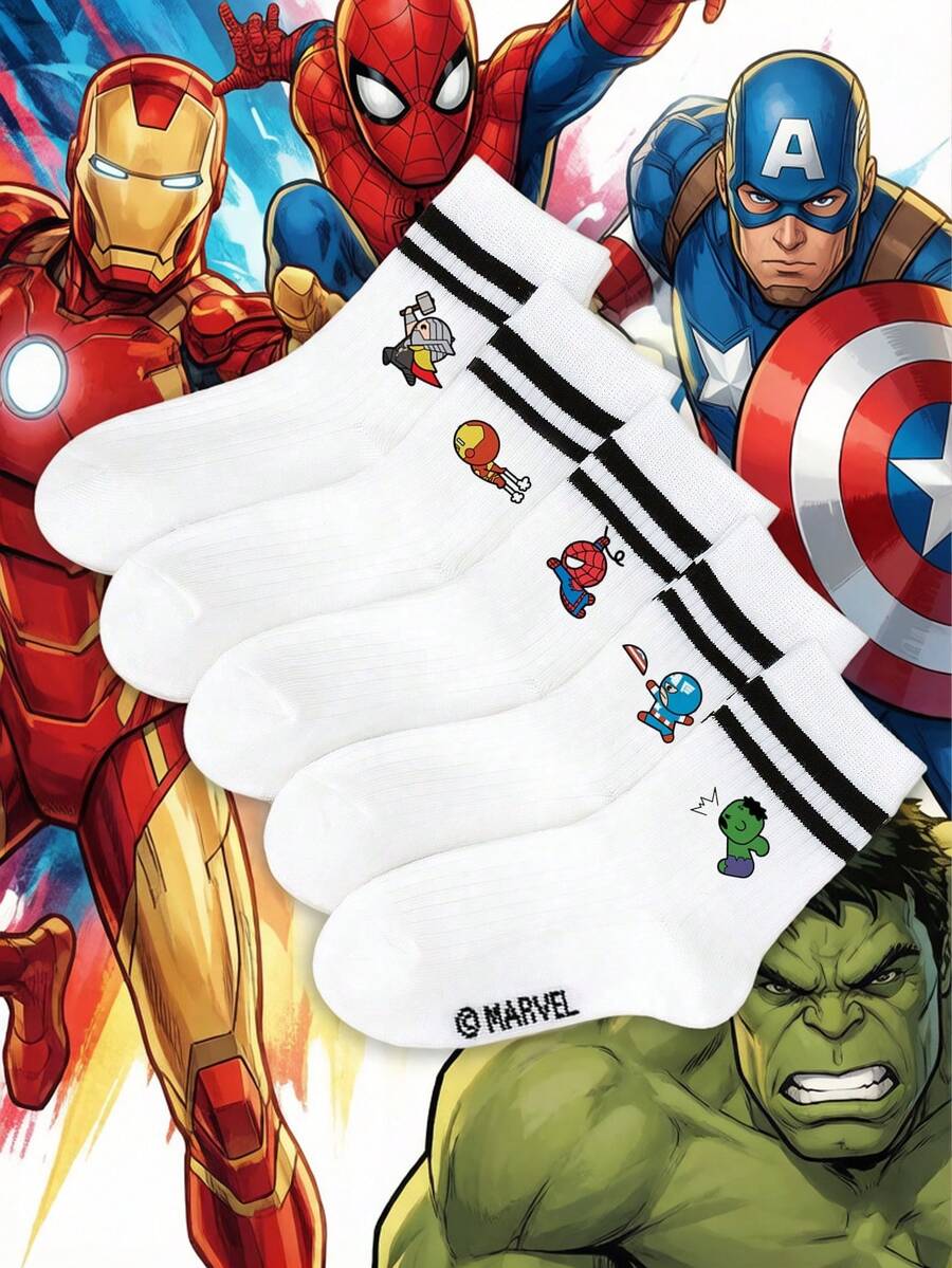 Marvel 1/5双漫威儿童袜子，蜘蛛侠和雷神图案，荷叶边设计，黑白条纹船袜，男女童短袜，柔软透气低帮，防滑船袜，可爱卡通图案短袜，休闲风格，适合日常穿着