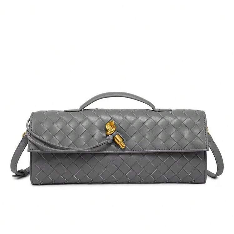 Bolso de cuero genuino tejido a mano para mujer BV Bottega Bang Bang de Andiamo Clutch Campana. Popular bolso tejido a mano con cierre de cuero suave, bolso de noche, bolso baguette vintage, bolso de mano cruzado con cierre largo. - Gris oscuro - Añade 2