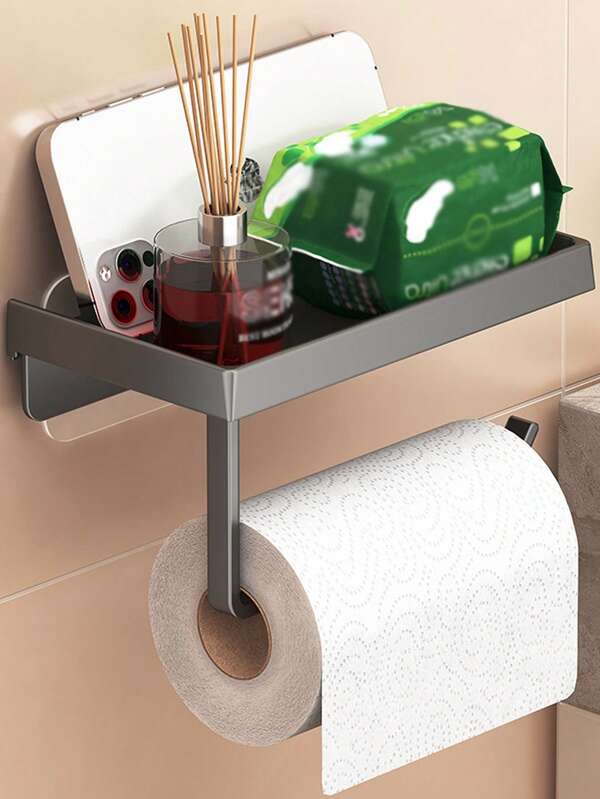 No Drill Toilet Paper Holder With Shelf, Wall Mounted Adhesive Bathroom Tissue Roll Holder, Gunmetal Gray Rustproof Phone Stand For Toilet