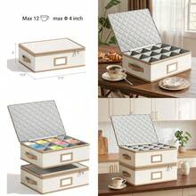 Caja para tazas con ribete cuero organizador tazas café apilable carcasa dura con divisores contenedores para tazas con tapa asas y cierre - Beis - Ver 1
