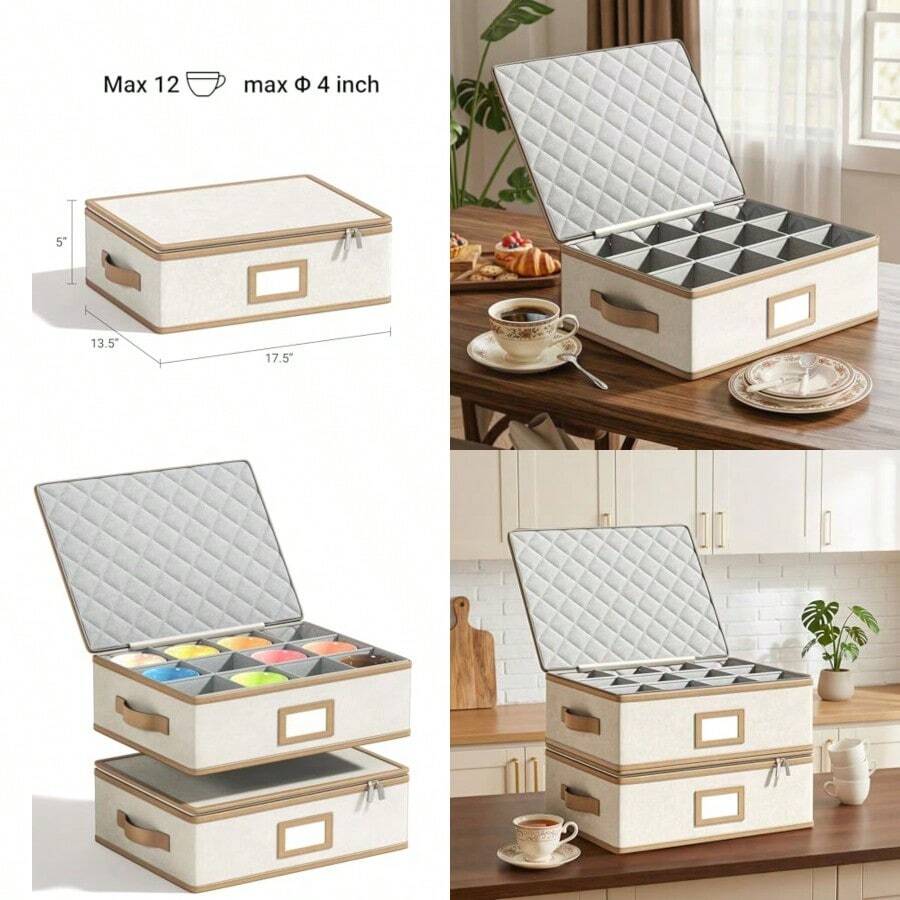 Caja para tazas con ribete cuero organizador tazas café apilable carcasa dura con divisores contenedores para tazas con tapa asas y cierre - Beis - Ver 1