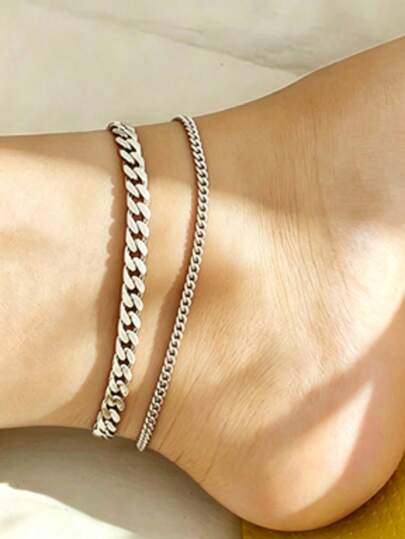 1pc Unisex Double-Layer Chain Bracelet/Anklet, Bohemian Fashion Cuban Link
