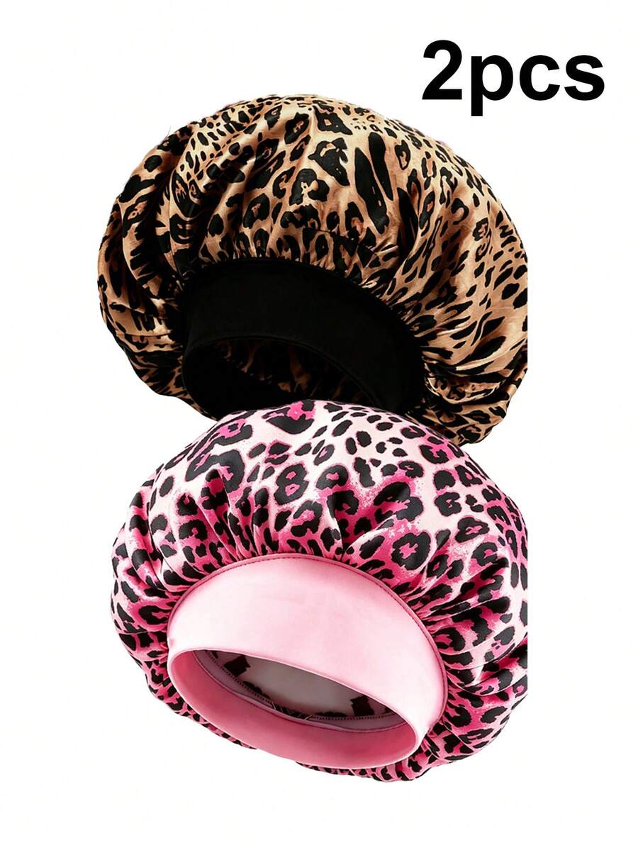 CONFLASS 5/2/1pc Fashionable Pink Brown Coffee Leopard Print Butterfly Wide Brim Round Hat Elastic Fabric Sleep Cap Wig Cap Satin Hat, Unisex, All Season - Pink - View 1
