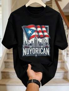 Puerto Rico T-Shirt mit Puerto Rico Flagge Hintergrund aus New York, geeignet für Männer und Frauen, Kurzarm T-Shirt für den Außenbereich, 1 - Schwarz - Übersicht 4