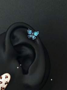 1對藍色蝴蝶玫瑰鈦鋼耳釘，螺旋穿孔耳環，中性款，適合日常配戴 - 藍色 - 查看 7