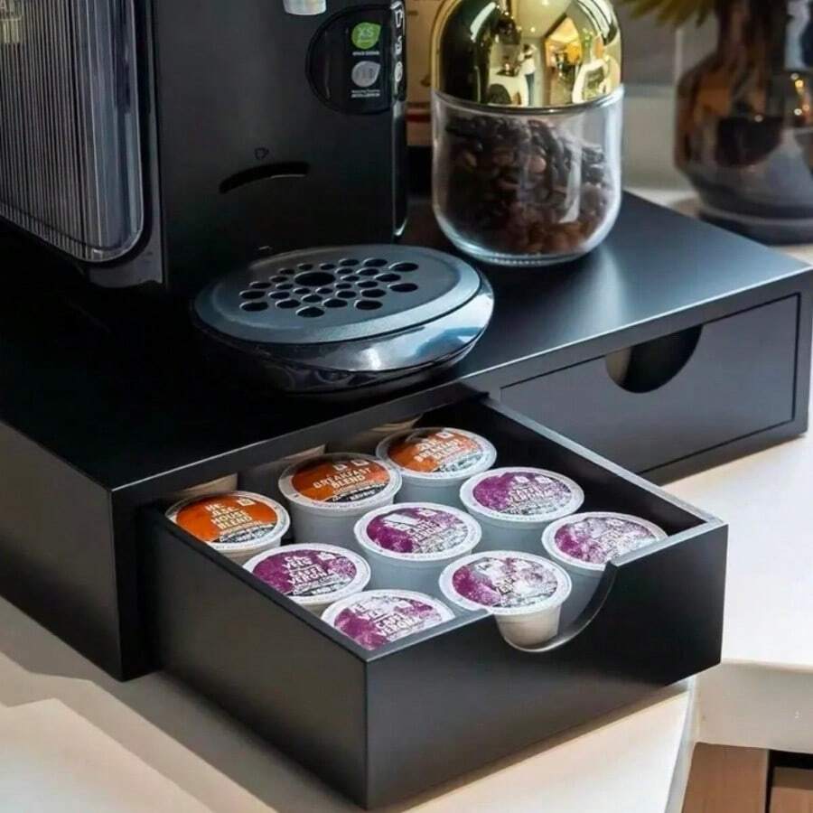 Caja de almacenamiento de cápsulas de café de madera, organizador de estante para cápsulas de café y hojas de té, soporte para cafetera, caja de almacenamiento con cajón debajo de la cafetera, puede contener hasta 30 cápsulas - Multicolor - Ver 1