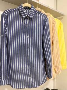 Linen Button-Down Shirt, Beach Cover-Up, Long Sleeves, Striped, Polyester, Button-Down, Vacation, Diary, Travel, Summer. - 寶藍色 - 查看 2